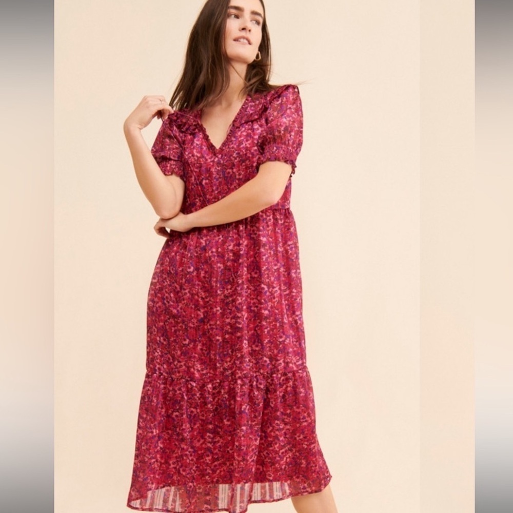 Anthropologie Du Paradis Ruffle Shoulder Floral Midi Dress in Pink Sz M